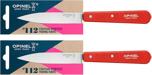 OPINEL No. 112 Paring Knives 2 Piece Set, Sandvik Steel Everyday Paring Knife, Wood Handles, Made in France (Red)