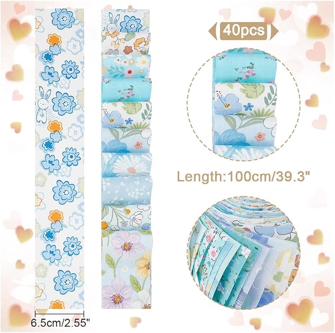 NBEADS 40Pcs Fabric Jelly Rolls, 100% Cotton Quilting Fabric 39x2.6 Inch Flower Pattern Fabrics Strips Precuts Quilt Strips for Blanket Upholstery Home Decor and Purse Making, Blue