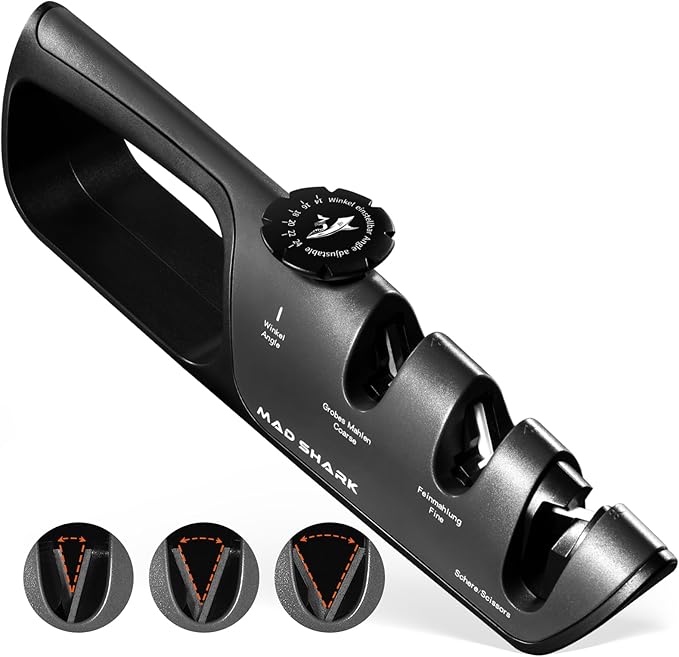 MAD SHARK Knife Sharpener, 6 Adjustable Sharpening Angle, Coarse & Fine Knife Sharpener Tool, Handheld Manual Knives Sharpener for Kitchen Knives, Pocket , Scissors, LARGE, Black