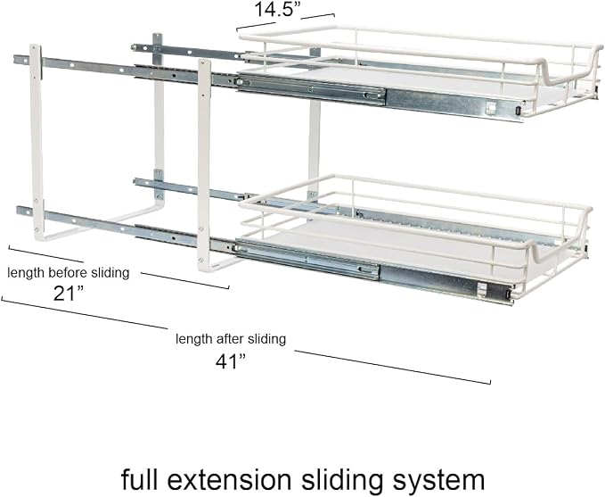 Household Essentials Glidez Multipurpose Paint-Finished Steel Pull-Out/Slide-Out Storage Organizer for Under Cabinet Use - 2-Tier Design - Fits Standard Size Cabinet or Shelf, White