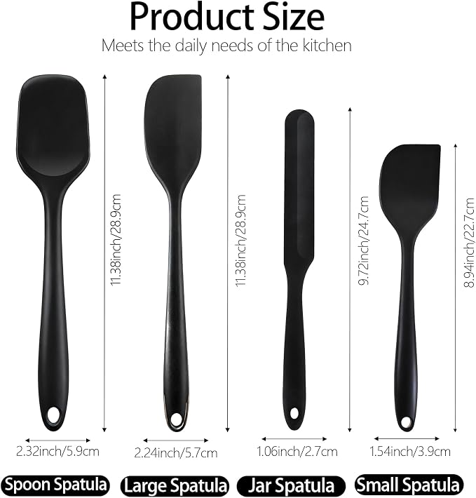 Silicone Spatula Set, Food Grade Rubber Spatula, 4 Pcs Heat Resistant Silicone Spatulas, One Piece Design Non-Stick Kitchen Utensils for Cooking, Stirring, Baking & Mixing, Dishwasher Safe (Black)