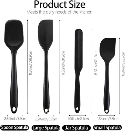 Silicone Spatula Set, Food Grade Rubber Spatula, 4 Pcs Heat Resistant Silicone Spatulas, One Piece Design Non-Stick Kitchen Utensils for Cooking, Stirring, Baking & Mixing, Dishwasher Safe (Black)