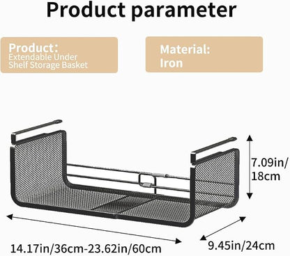 Expandable Under Shelf Basket Organizer, Under Shelf Storage, Hanging Baskets Under Cabinet for Pantry Kitchen Cupboard Desk Counter Bookshelf Space Saver Heavy Duty Slide-in (Black, 2 Pack)