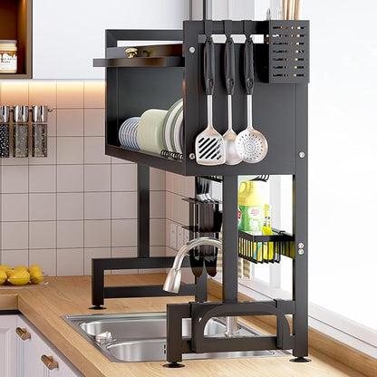 Verida Over the Sink Dish Drying Rack 3 Tier, Over Sink Dish Drain Drying Rack for Kitchen Storage of Dishes and Cutlery, Space Saving Dish Rack with Cover, Black