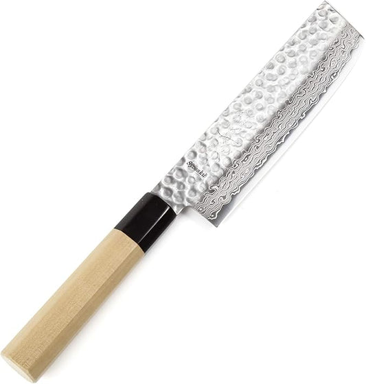 Japanese Vegetable Knife Hammered Damascus VG-10 46 Layer Octagonal Magnolia Wood Handle, Nakiri 6.3-inch (160mm)