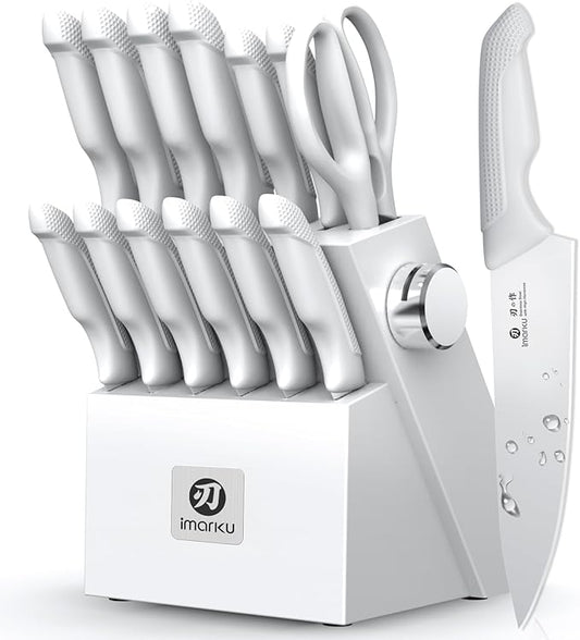 imarku 14 Pcs Kitchen Knife Set, Japanese Knives Set for Kitchen, Stainless Steel Knife Set with Block and Build-in Sharpener, White, Anti-Slip Handle, Dishwasher Safe, Gift for Women