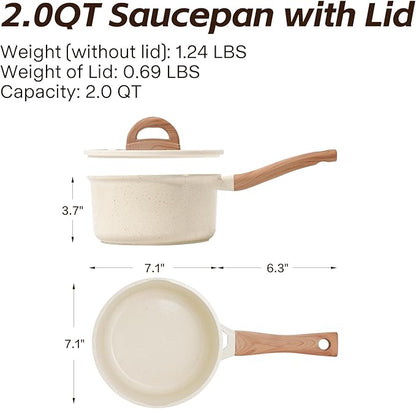 Ceramic Nonstick Saucepan with Lid, 2.0 QT Small Non Stick Stock Pot with Stay-cool Handle, Induction Compatible Cooking Pot White Granite Coating Easy to Clean Kitchen Cookware