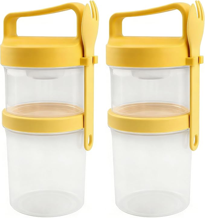 Overnight Oats Container 2 Pack, 31 fl oz Dual Layer Parfait Cups with Lids and Forks, 19 oz Bottom + 12 oz Top, 3.23 in Wide Mouth, Leak Resistant Meal Prep Jar for Yogurt Granola Salad