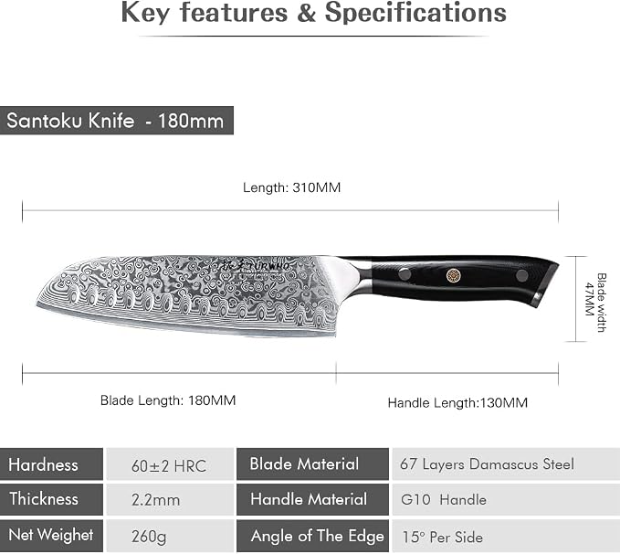 TURWHO Professional Santoku Knife 7 inch - Classic Damascus pattern Japanese VG-10 Steel Chef Knife