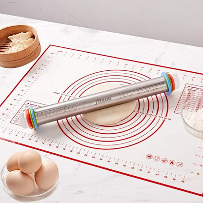 Rolling Pin and Silicone Baking Pastry Mat Set, Stainless Steel Dough Roller, Rolling Pins with Adjustable Thickness Rings, for Baking Fondant, Pizza, Pie, Pastries, Pasta, Cookies