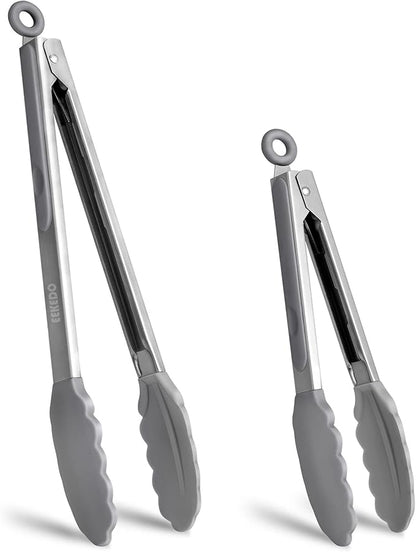 Tongs for Cooking, 600ºF High Heat-Resistant Stainless Steel Kitchen Tongs with Silicone Tips, Non Scratch, Locking Tong for BBQ Grilling Air Fryer Food Salads, Set of 2 (9" and 12") Light Grey