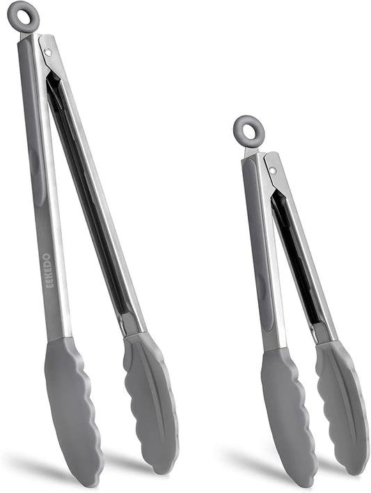Tongs for Cooking, 600ºF High Heat-Resistant Stainless Steel Kitchen Tongs with Silicone Tips, Non Scratch, Locking Tong for BBQ Grilling Air Fryer Food Salads, Set of 2 (9" and 12") Light Grey