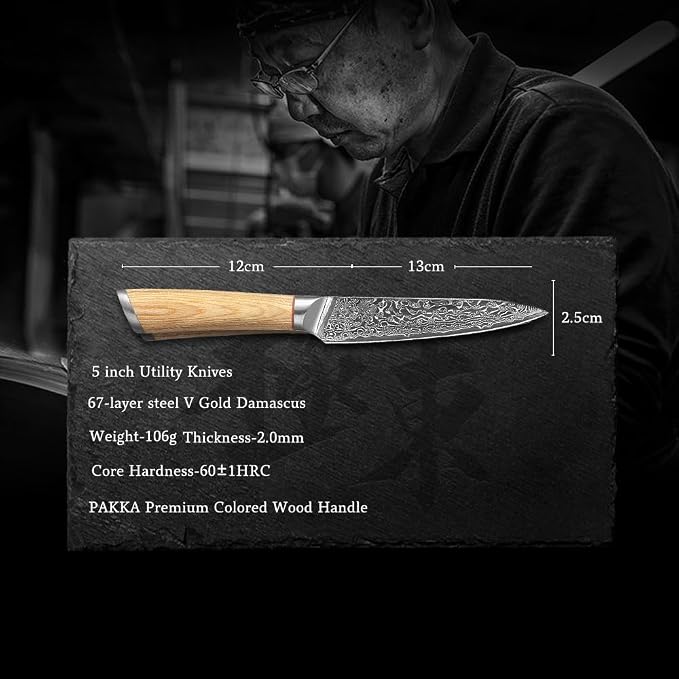 DONGSUN 5 Inch Damascus Utility & Steak Knife with North American Black Walnut Sheath, 67-Layer VG10 Forged Steel Japanese Kitchen Knife, Professional Durable Sharpness