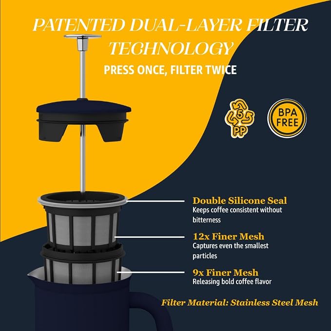 ESPRO Pro P7 French Press Stainless Steel 304 – Patented Double Walled Micro-Filter Insulated French Press Coffee Maker, Grit-Free Brew - Heat Resistant BPA Free - Aegean Blue, 32oz