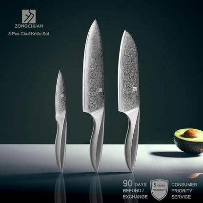 3 PCS Damascus Chef Knife Set, Ultra-Smooth Cutting Experience and Professional Grade Sharp, Kitchen Knife Set,Handle Ergonomic Design,9CR18MOV High Carbon Stainless Steel,Dishwasher Safe