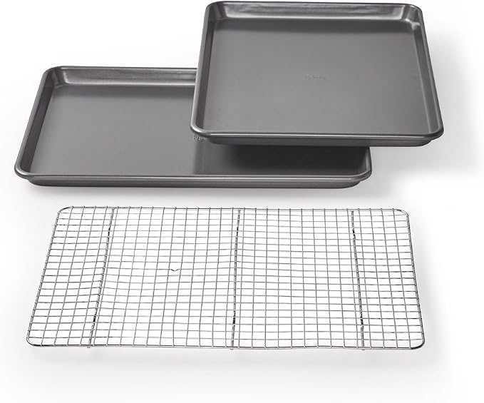 Chicago Metallic Professional Non-Stick Cookie/Jelly-Roll Pan Set with Cooling Rack, 17-Inch-by-12.25-Inch and Chicago Metallic Commercial II Traditional Uncoated 16-3/4 by 12-Inch Jelly-Roll Pan
