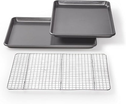Chicago Metallic Professional Non-Stick Cookie/Jelly-Roll Pan Set with Cooling Rack, 17-Inch-by-12.25-Inch and Chicago Metallic Commercial II Traditional Uncoated 16-3/4 by 12-Inch Jelly-Roll Pan