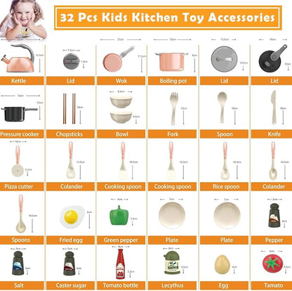 Bruvoalon 32Pcs Kids Play Kitchen Toys Set, Toddlers Pretend Cooking Playset Acccessories with Pots Pans, Utensils Cookware, Foods, Canned Veges, Learning Gift for Kids Girls Boys (Pink)