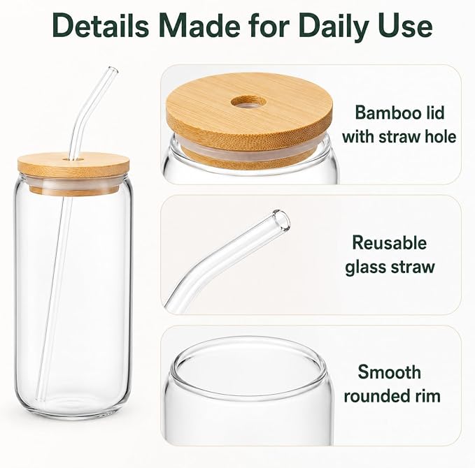 Glass Cups with Lids and Straws Set of 16, 16 oz Can Glasses with Bamboo Lids and Glass Straws, Iced Coffee Cups for Beer, Tea, Soda, Summer Hosting, Parties, Family Gatherings and Coffee Bar