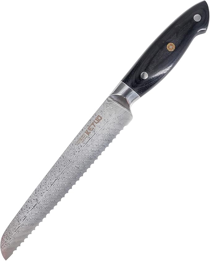 Ketuo Professional Chef Knife Damascus Carbon Steel with Laser Pattern Blade and Black Pakka Wood (8 Inch Bread Knife)