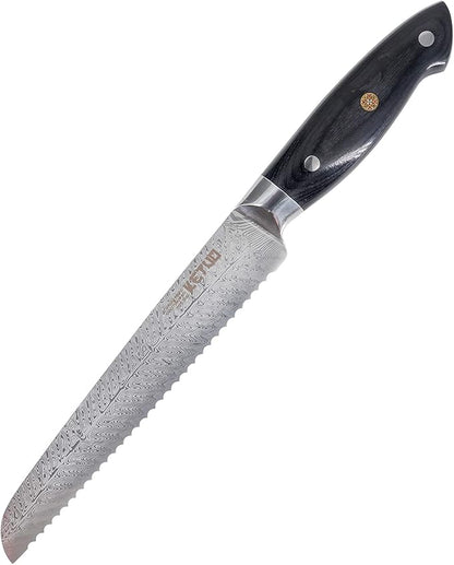 Ketuo Professional Chef Knife Damascus Carbon Steel with Laser Pattern Blade and Black Pakka Wood (8 Inch Bread Knife)