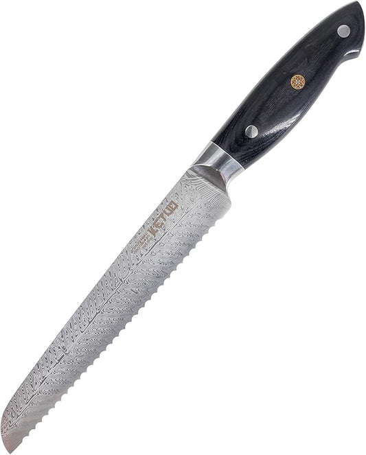 Ketuo Professional Chef Knife Damascus Carbon Steel with Laser Pattern Blade and Black Pakka Wood (8 Inch Bread Knife)