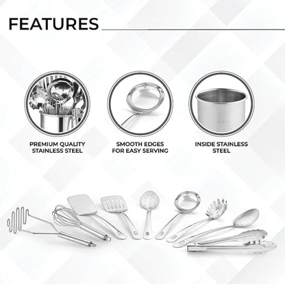 Avador® Premium Set of 10 Stainless Steel Kitchen Tool Set with Holder Easy To Clean, Space Saving, Great for Cooking, Baking, Prepping