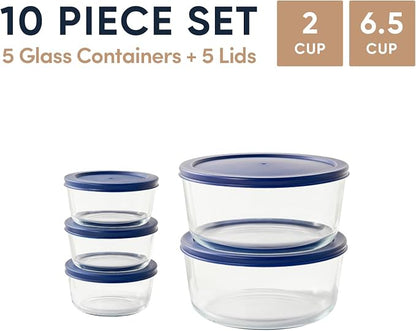 10-Piece Glass Food Storage Containers Set (5 Containers + 5 BPA-Free Lids) | 2-Cup & 6.5-Cup, Leakproof | Microwave, Freezer, Oven & Dishwasher Safe | Ideal for Meal Prep & Pantry Organization, Blue