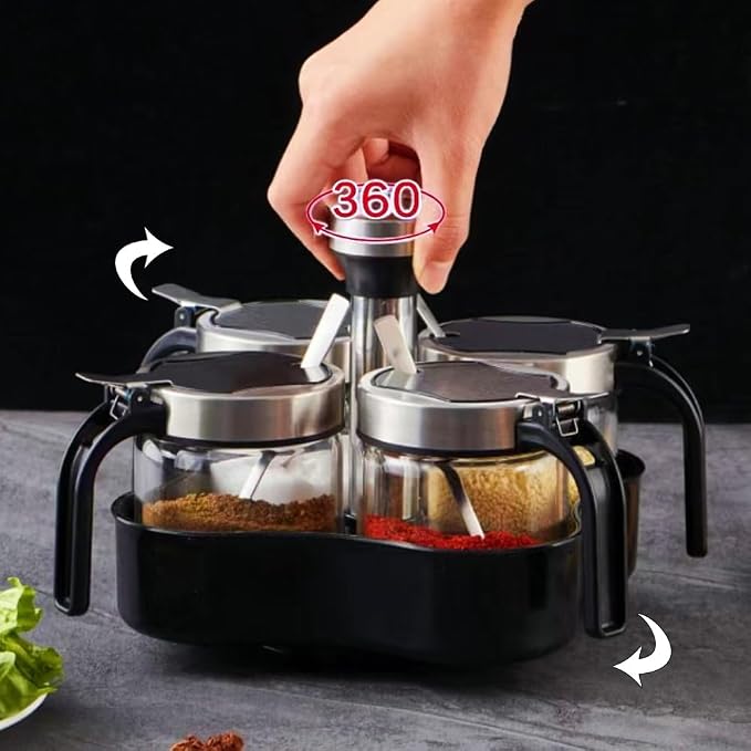 Revolving Condiment Pots Sugar Bowl Salt & Pepper Cellar with Lid and Spoon, Set of 4 Seasoning Box Spice Jar with 360 Rotating Holder Tray for Kitchen, 4 Pots