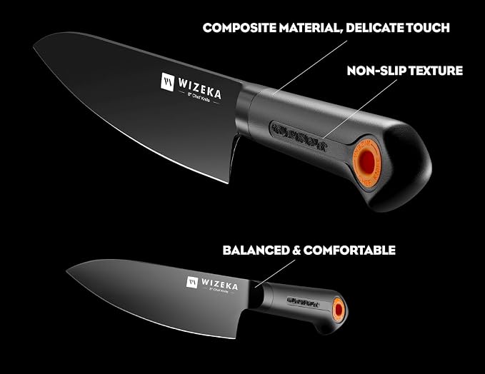 WIZEKA Kitchen Knife Block Set: 15 Pieces Dishwasher Safe Knives Set for Kitchen, Ultra Sharp Black Knife Set With Sharpener, Non-Slip Handle, Anti-Rust Coating, Dark Vision Series, Fathers day