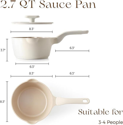 PRICUSIS Ceramic Nonstick Saucepan with Lid, 2.7 Quart Non Toxic Pot with Pour Spouts, Full Coated, 100% Dishwasher Safe, Induction Compatible, PTFE PFAS & PFOA Free, Coconut White