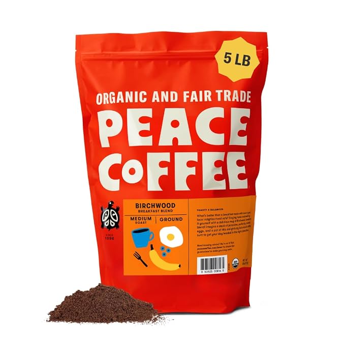 Peace Coffee Birchwood Breakfast Blend Ground Medium Roast Coffee, 5 lb, Organic Fair Trade, Smooth, Mild Flavor, Shade Grown, Fresh Roasted