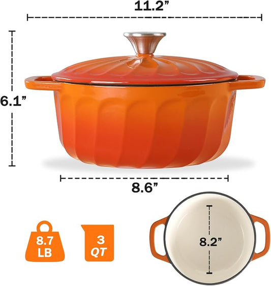 Enameled Cast Iron Dutch Oven Pot with Lid, 3 QT Dutch Oven for Bread Baking, Heavy Duty Cast Iron Pot for Braising, Cook, Bake, Oven Safe across All Cooktops (Orange,3 QT)