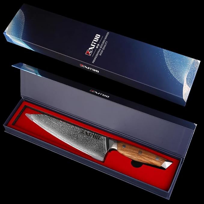 XITUO Damascus Steel Kiritsuke Knife 8-Inch, Japanese Chef Knife VG-10 67 Layers Steel Kitchen Knife, Ultra Sharp Razor Edge for Meat Vegetable Chopping, Olive Wood Handle Gift for Chefs