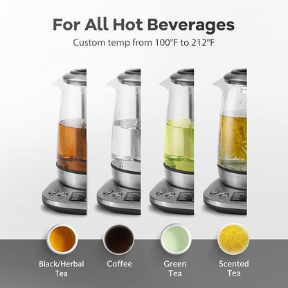 Mecity Electric Tea Kettle Borosilicate Glass Tea Maker With Temperature Control and Infuser - LCD Display and Preset Brewing Programs - 1.7 Liter Water Boiler