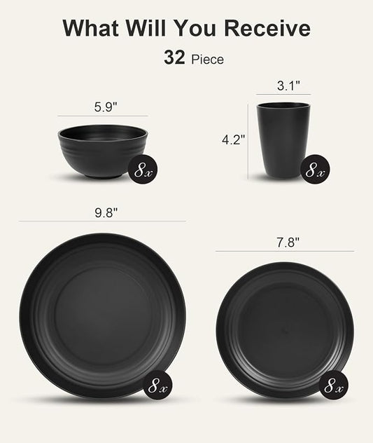 Quatish 32 Piece Plates and Bowls Sets for 8, Unbreakable Dinnerware Sets, Dish Set for Camping, Dishwasher Microwave Safe, Outdoor Kitchen and Apartment Dinning RV Essentials, Black