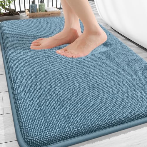 OLANLY Thick Memory Foam Bathroom Rugs 34x21, Absorbent Bath Mat, Airy Blue