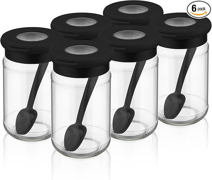 6-Piece Glass Spice Jar Set with Airtight Lids and Spoons – 380ml (12.8oz) Clear Storage Jars with Transparent Lid Window, Perfect for Storing Spices, Herbs, and Seasonings – Black