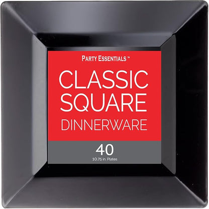 Party Essentials Party Supplies Disposable Classic Square Plastic Plates For Wedding/All Occasions, 10.75", 40-Count, Black