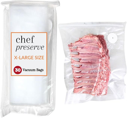 Chef Preserve Reusable Vacuum Sealer Bags for Food - 30 BPA-Free XL Large (12 x 20 in) Food Storage Bags, Freezer, Microwave - Odor-Resistant, Leak-Proof - Compatible with Chef Preserve Vacuum Sealers