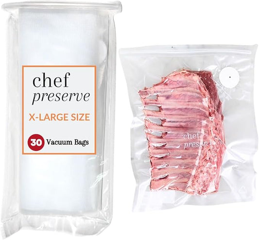 Chef Preserve Reusable Vacuum Sealer Bags for Food - 30 BPA-Free XL Large (12 x 20 in) Food Storage Bags, Freezer, Microwave - Odor-Resistant, Leak-Proof - Compatible with Chef Preserve Vacuum Sealers