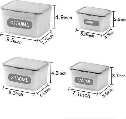 4 Pack Large Fridge Food Storage Container Set with Lids with Strainer, Fruit Vegetable Storage Containers Keep Fruits, Vegetables, Berry, Meat Fresh longer , BPA-Free Plastic Produce Keepers