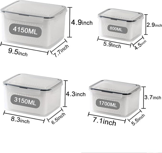 4 Pack Large Fridge Food Storage Container Set with Lids with Strainer, Fruit Vegetable Storage Containers Keep Fruits, Vegetables, Berry, Meat Fresh longer , BPA-Free Plastic Produce Keepers