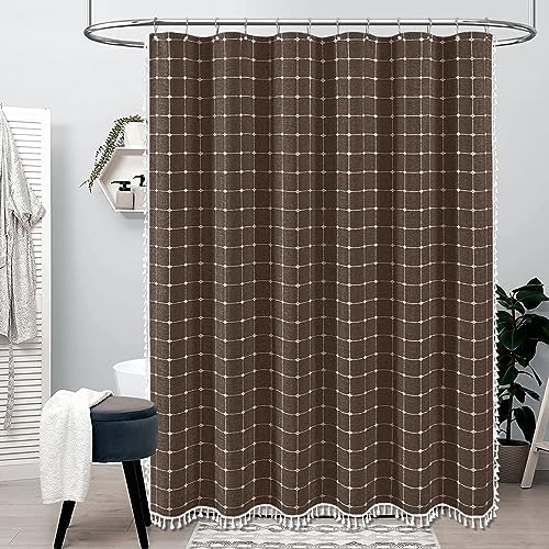 BTTN 60x72 Boho Farmhouse Linen Heavy Duty Fabric Shower Curtain Set, Brown