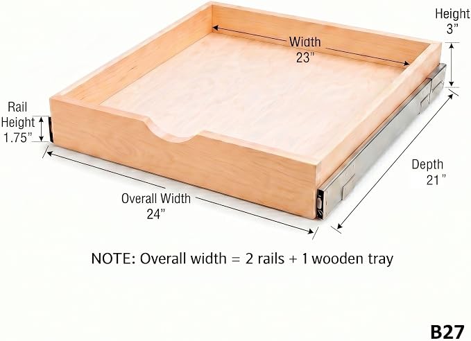 Couver Pull Out Drawers For Cabinets, Soft Close Slide Out Wood Shelves Storage Organizer for Kitchen, Finished, Heavy-Duty, Bottom/Side Mount, 24"W x 21"D x 3"H