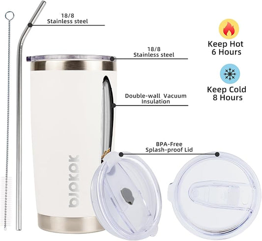 BJPKPK 20 oz Stainless Steel Insulated Tumbler Cups Coffee Mug With Lid And Straw,White