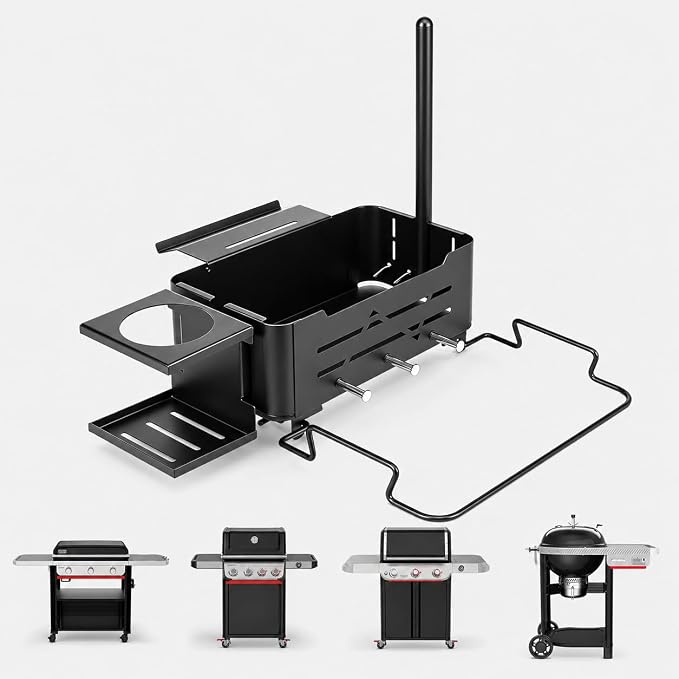 Utheer Grill Organizer Kit Compatible with Weber Works System, Rail-Mounted Grill Caddy Basket with Paper Towel Holder, Trash Bag Holder, Cup Holder & 4 Hooks for Slate, Spirit, Genesis, Performer