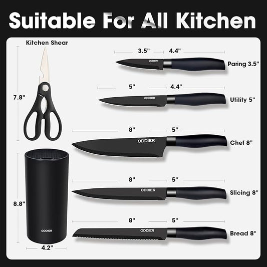 Kitchen Knife Ket with block, Knife Block Set, Anti-Rust High Carbon German Stainless Steel Knife Set, 7 Piece Chef Knife Set, New Home Apartment Essentials, Dishwasher Safe, Black