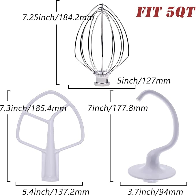 K5ADH Dough Hook & K5AB Flat Beater & K5AWW Wire Whip-3 Pieces Replacement for KitchenAid 5-QT Bowl-Lift Stand Mixer