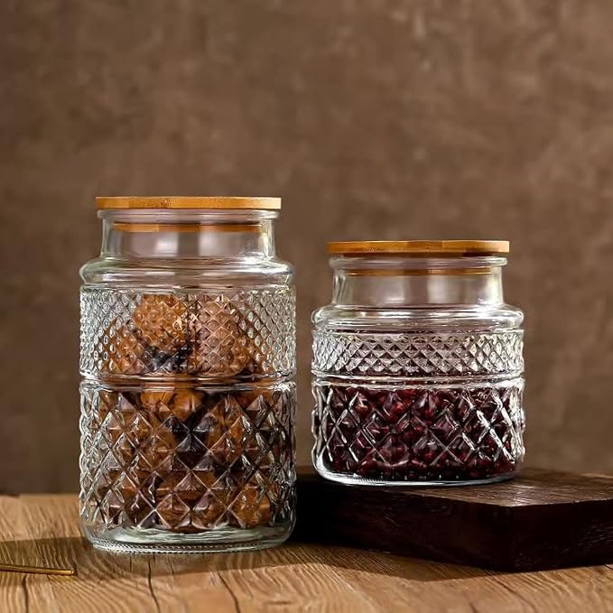 Glass Storage Jars Vintage Embossed Canisters Food Cereal Storage Containers with Bamboo Lid, Decorative Jars for Kitchen Counter,Pantry,Set 3-Piece Glass Jars in 60 oz/40 oz/20 oz (Round)